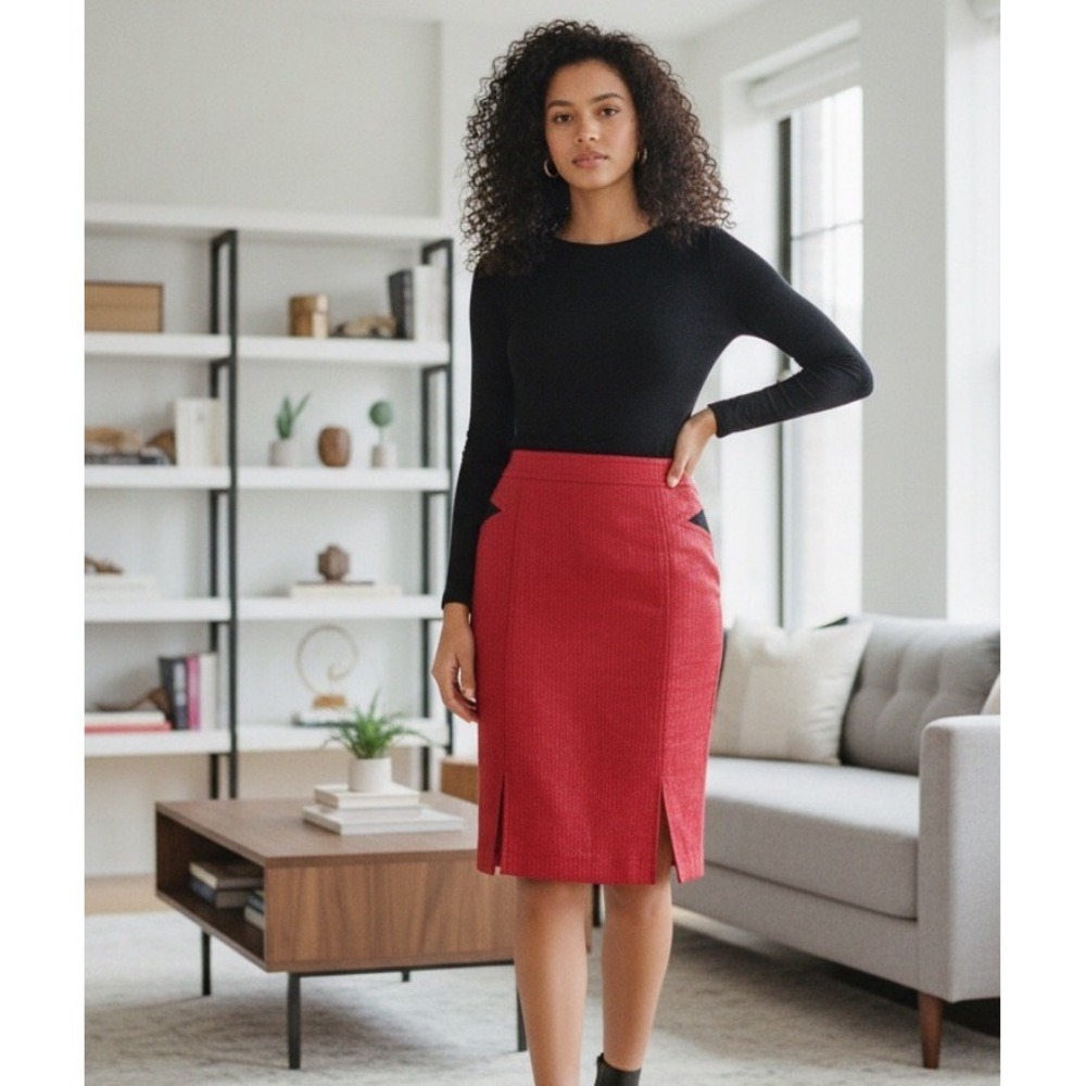 W By Worth Skirt Size 2 Red Lacquer Raffia Ponte Slim Retro‎ Skirt Side Zip
